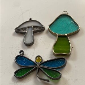 Stained Glass Mushroom and Dragonfly Ornaments
